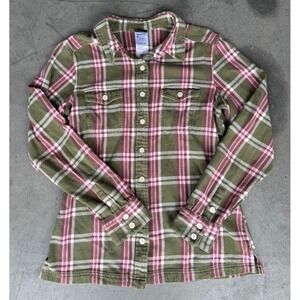 Womens Sz 4 PATAGONIA Flannel Green Pink Striped Plaid Long Sleeve Shirt